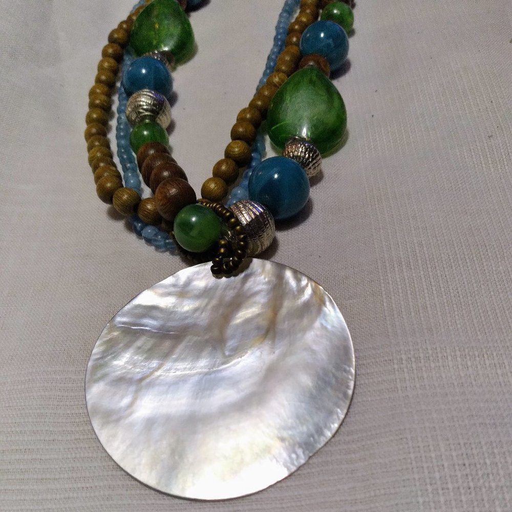 Multi Strand Blue Bead Abalone Shell Necklace
